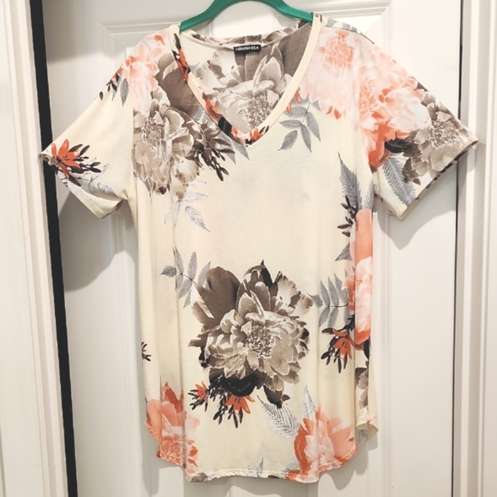 HEIMISH USA Floral V-Neck Blouse - Cream, Gray, Orange 3x